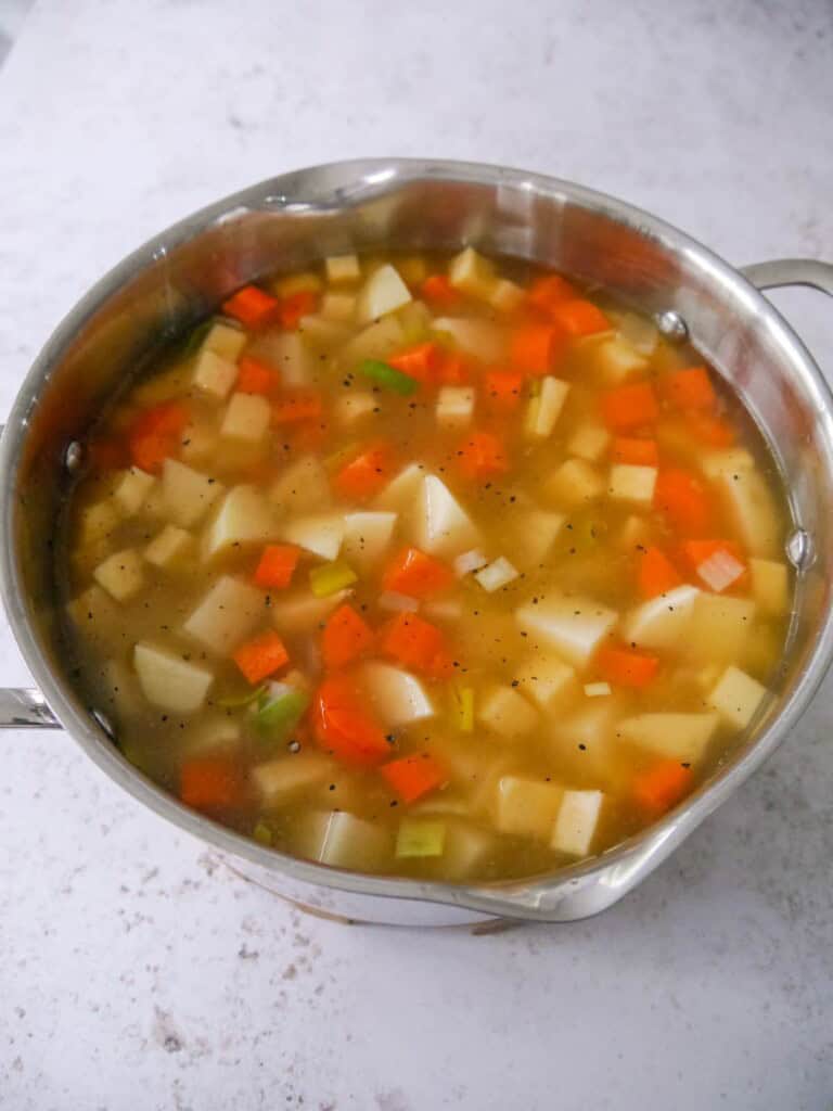 A large soup pan filled with uncooked diced vegetables in a light broth.