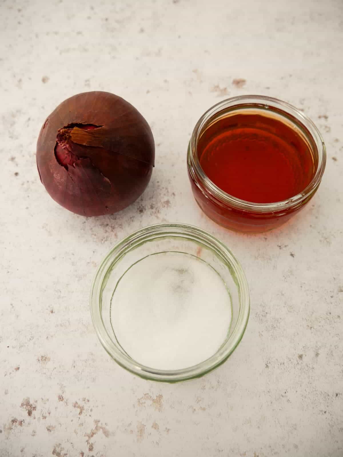 Individual recipe ingredients for making quick pickled red onion.
