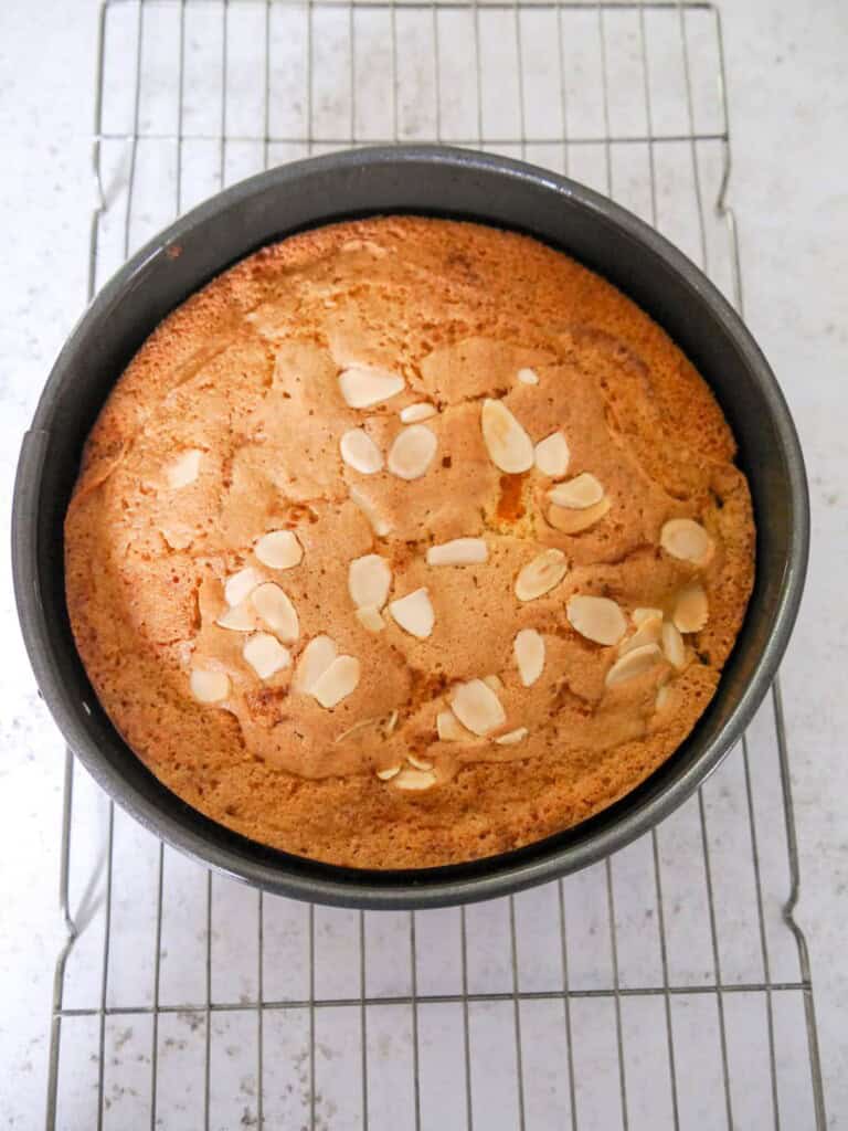 A round cake tin filled with a cooked fresh apricot cake, set on a wire cooking rack.